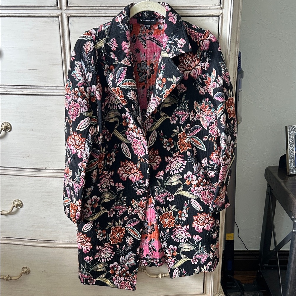 Fifteen Twenty Black Blazer with Pink Floral Embroidery
